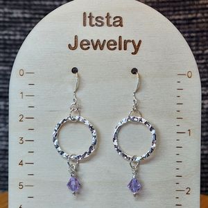 Swarovski Crystal Earrings Alexandrite, Hammered Circle Sterling Silver Earwires